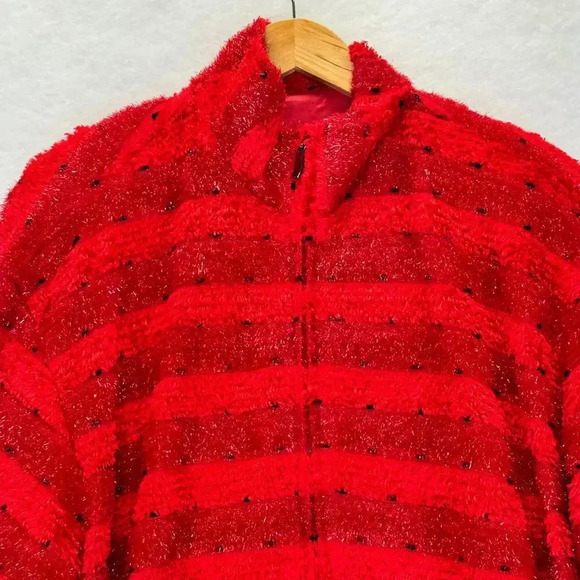 Vtg Ugly Sweater Red Bomber Jacket Full Zip Christmas Fluffy Cozy Oversized Sz L - Picture 4 of 10